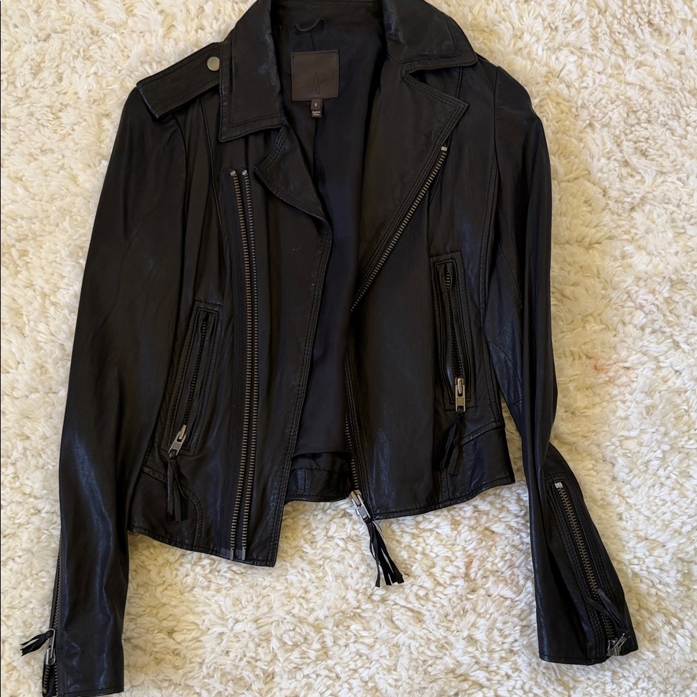 Joie Black Leather Moto Jacket with Zip Details